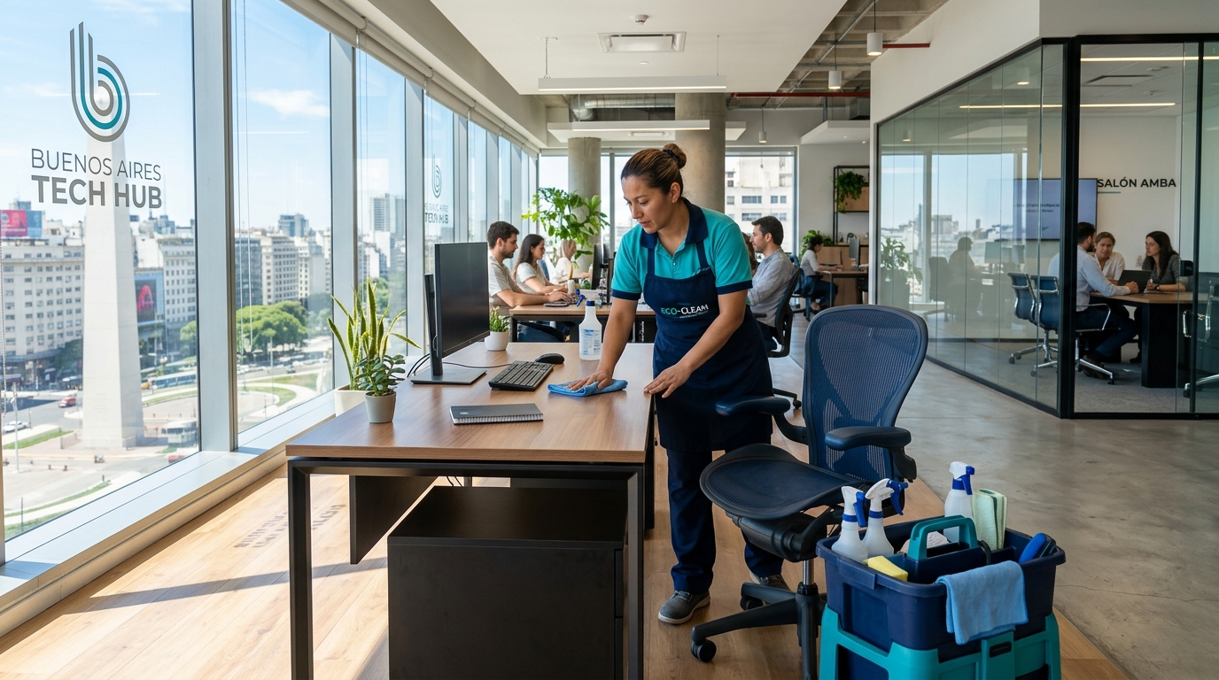 Personal de limpieza Kaamdaar en oficina corporativa Buenos Aires